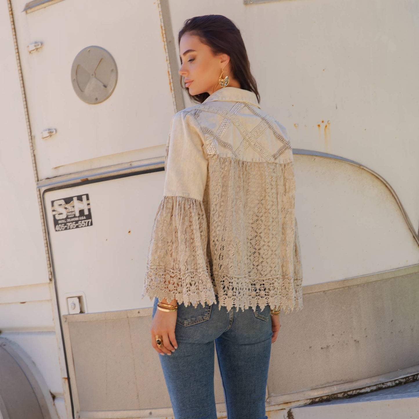 Intricate Crochet Lace Bell Sleeve Western Jacket Shrug