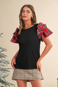 Plaid Pearl Ruffle Short Sleeve Blouse