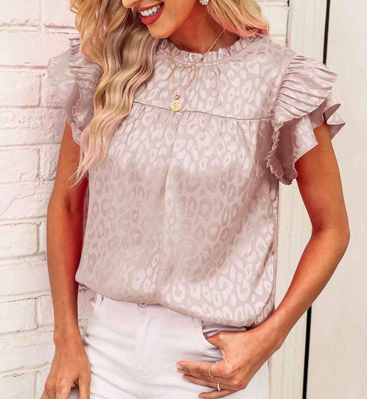 Satin Leopard top ruffle t-shirt