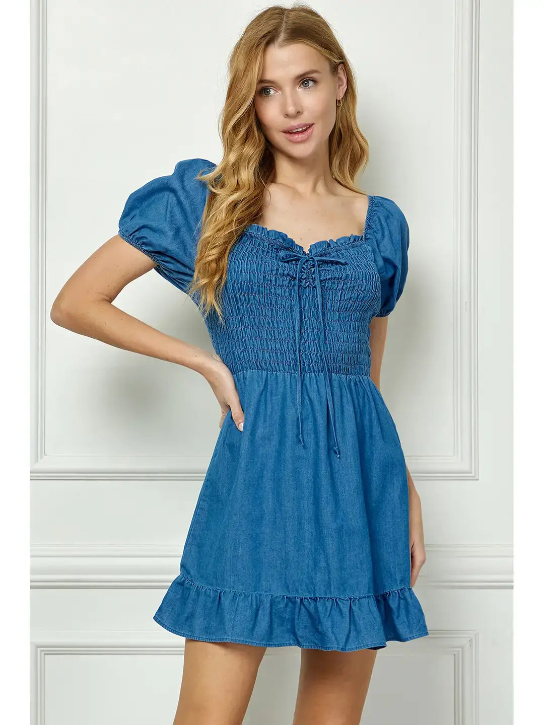 Smocked Top Mini Baby Doll Denim Dress