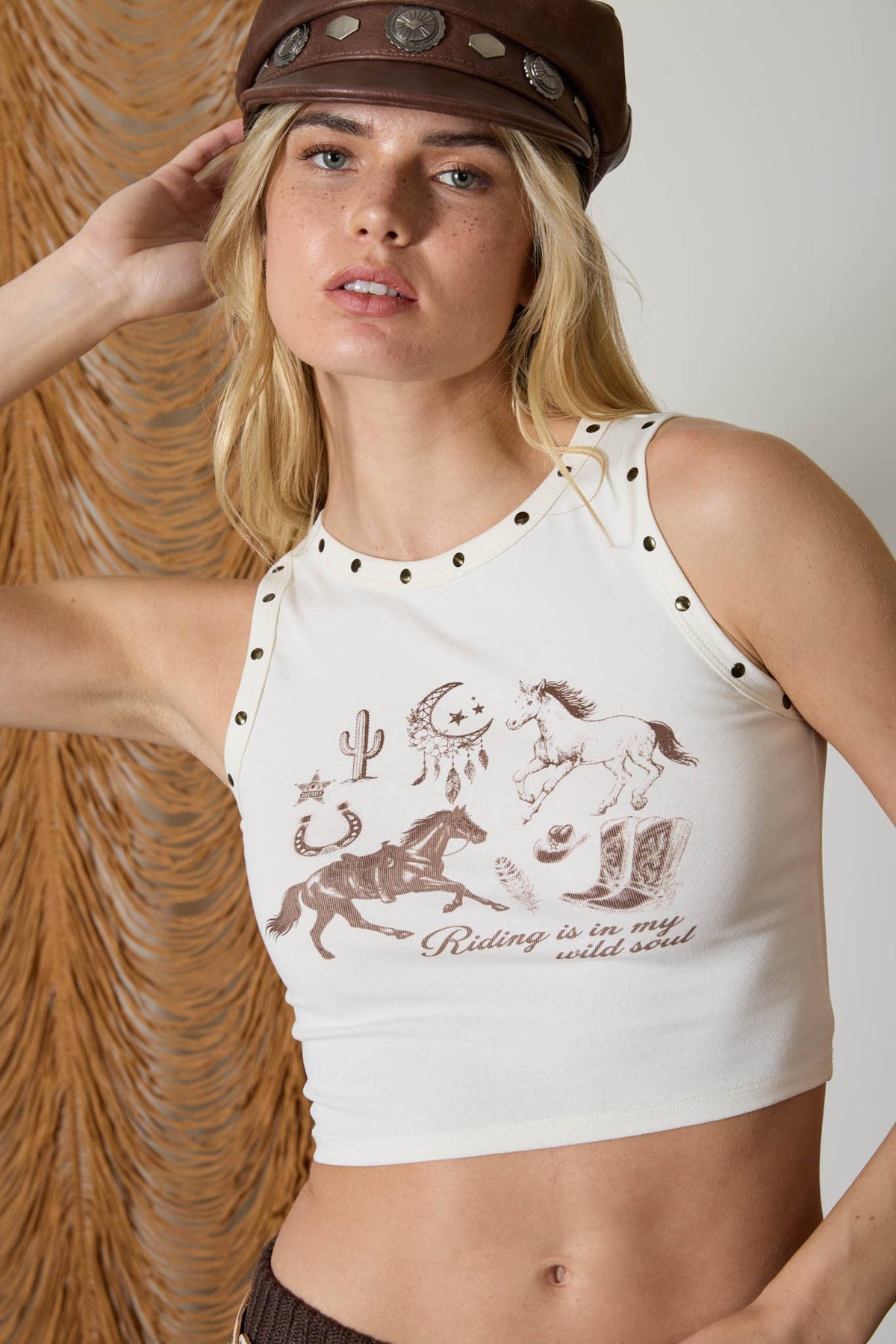 Western Graphic Stud Detail Knit Crop Top