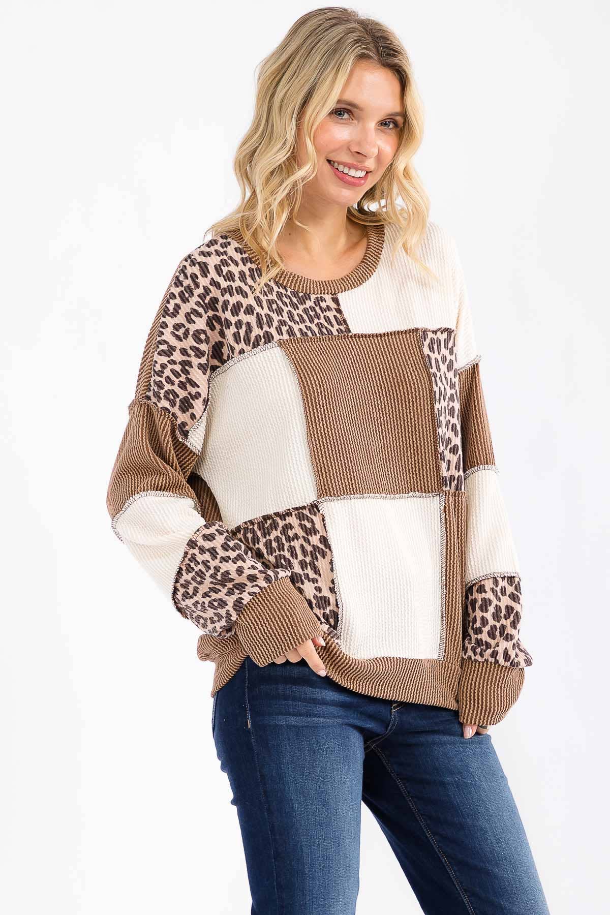 Leopard Patchwork Color Block Rib Knit Top