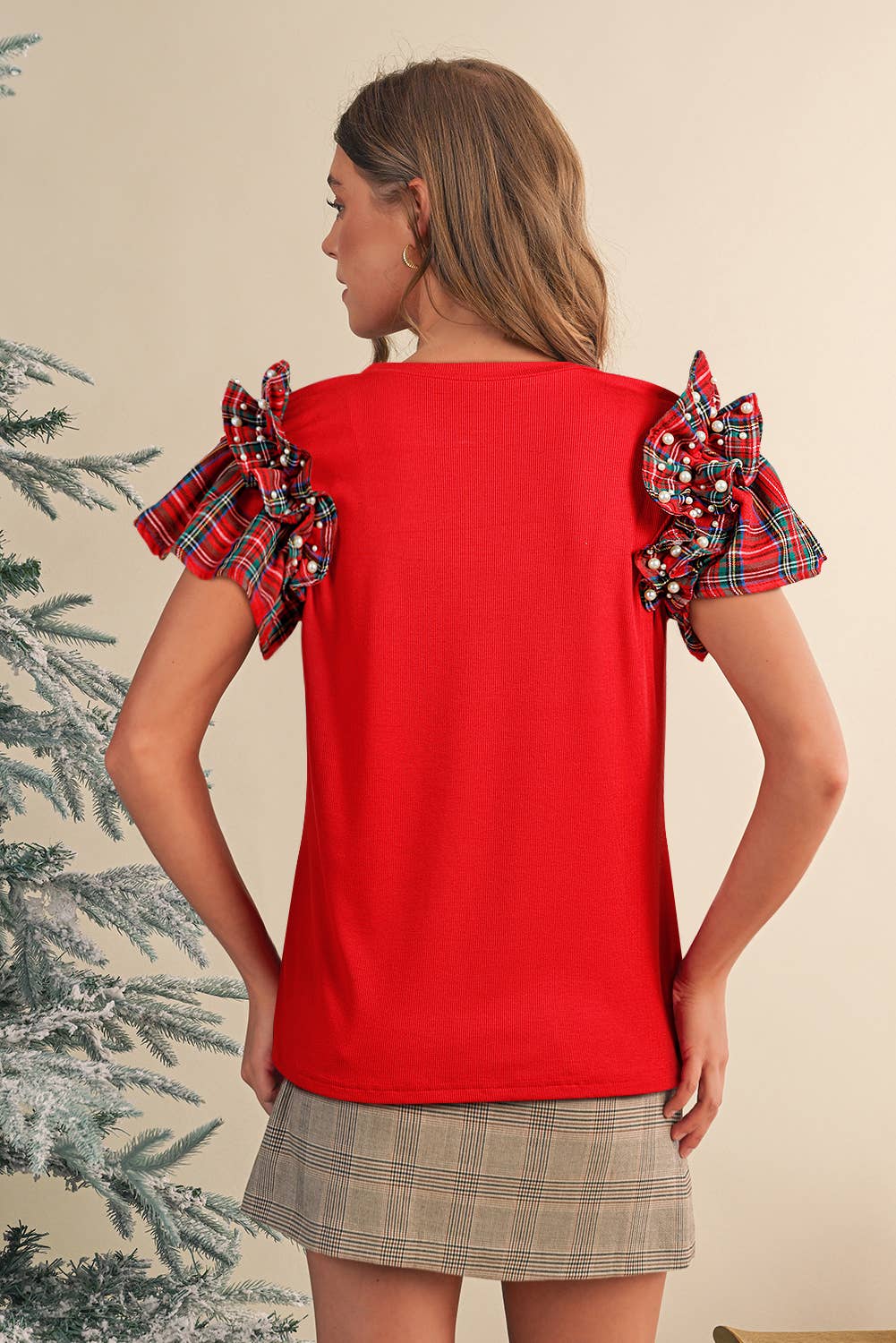 Plaid Pearl Ruffle Short Sleeve Blouse