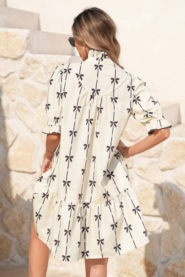 Bowknot Printed Bubble Sleeve V Neck Mini Dress
