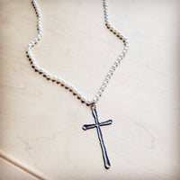 Extra Long Pearl Beaded Necklace w/ Copper Cross