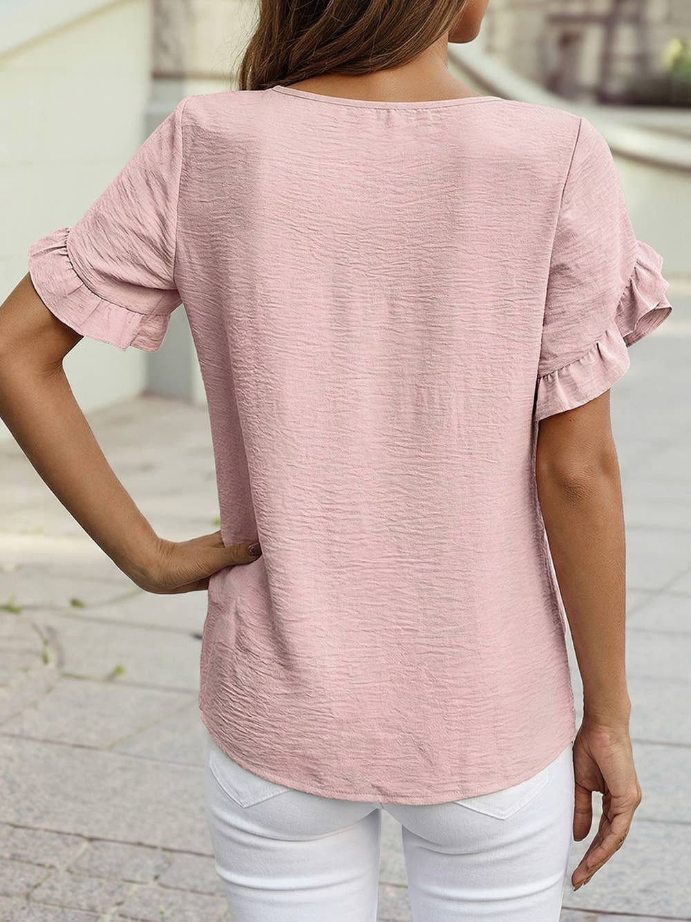 Solid Color Ruffle Trim Short Sleeve Blouse