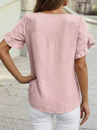 Solid Color Ruffle Trim Short Sleeve Blouse