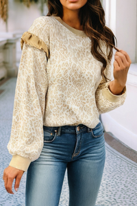 Ribbed Trim Ruffle Detail Leopard Round Neck Sweatshirt