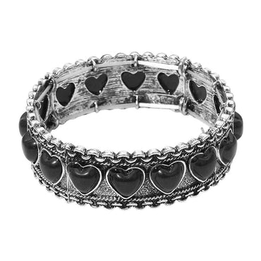 Antique Metal Boho Heart Stone Accent Stretch Bracelet