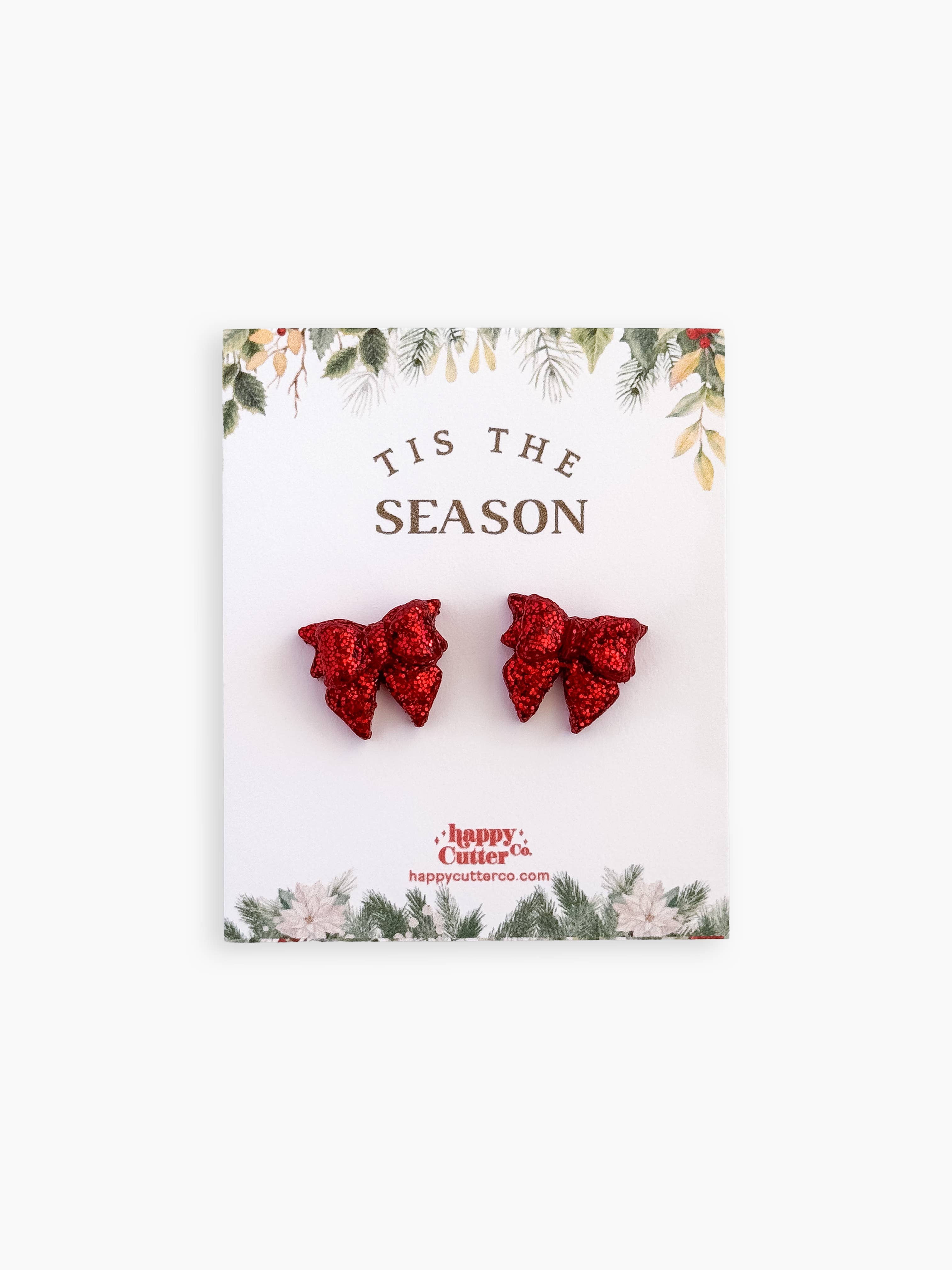 Christmas Studs - Red Glitter Bow Holiday Stud Earrings