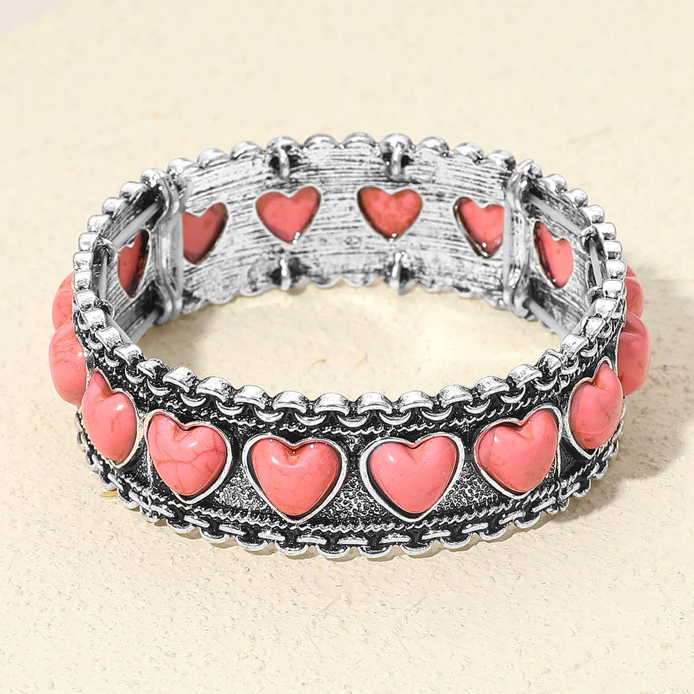 Antique Metal Boho Heart Stone Accent Stretch Bracelet